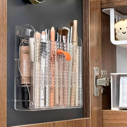 Wall-mounted Makeup Organizers, 16-Slot Eyeliner Lip Liner Organizer Holder, Makeup Organizer for Brush, Makeup Pencils, Concealer Pencil Display Case for Vanity Bathroom (Transparent White)