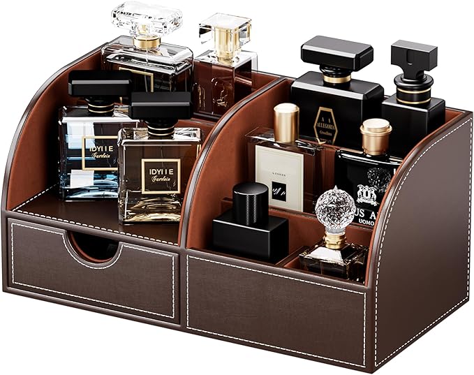 KINGFOM Cologne Organizer for Men, PU Leather Dresser Organizer with Drawer, Countertop Cologne Holder for Watch, Wallet, Keys, Sunglasses, Bathroom Bedroom Nightstand Organizer, Gifts for Men Brown