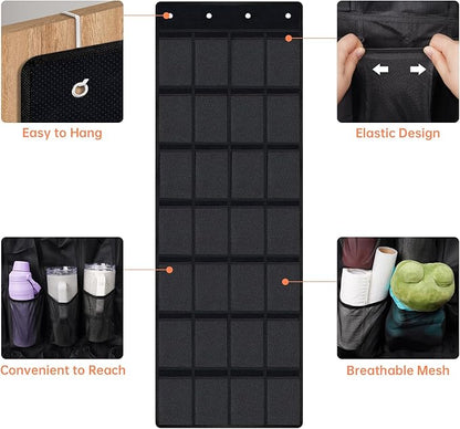 NiHome 28-Pocket Over-the-Door Organizer Fit for Stanley Cups, Large Tumblers, Water Bottles, Travel Mugs, Lids, Space-Saving Elastic Mesh Bottle Holder for Kitchen, Pantry, RV, Cabinet Doors (Black)