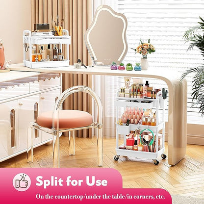 SUNALLY Makeup Cart Organizer with Drawers, Floor Skincare Organizers Vanity Storage Organizer, Rolling Makeup Bathroom Storage Cart Cosmetics Display Cases for Skin Care Perfume Nail Polish, White