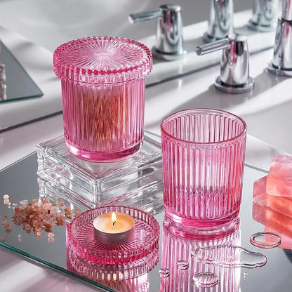 2 Pack Qtip Holder - Apothecary Jars with Lids, Bathroom Organizers and Storage Canister for Cotton Balls,Swabs,Floss Picks,Hair Ties,Clear Glass Vintage Bathroom Decor Jar Set (Pink2)