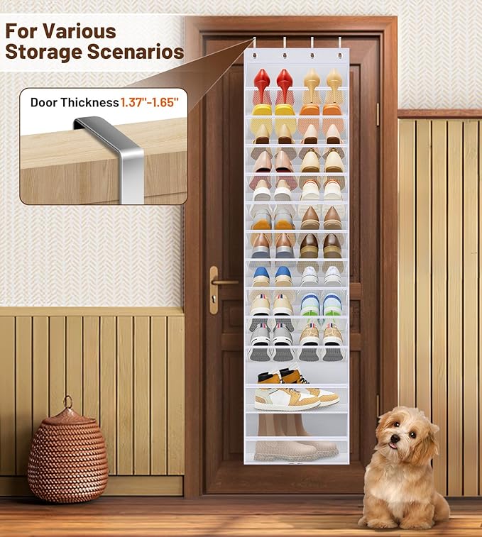 MISSLO 12 Tier Over the Door Shoe Organizer Large Capacity Hanging Shoe Rack for Closet Storage Narrow Sneaker Holder for Door Fit 24 Pairs Sandals, Heels, Boots (White)