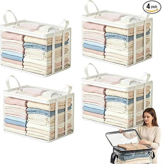 Large Heavy-Duty Thick Plastic Clear Storage Bag for Clothes, Plastic Storage Box with Hinged Lid, Heavy-Duty Durable High Capacity Organizer, Perfect for Home, Travel, Attic and Moving (4, White)