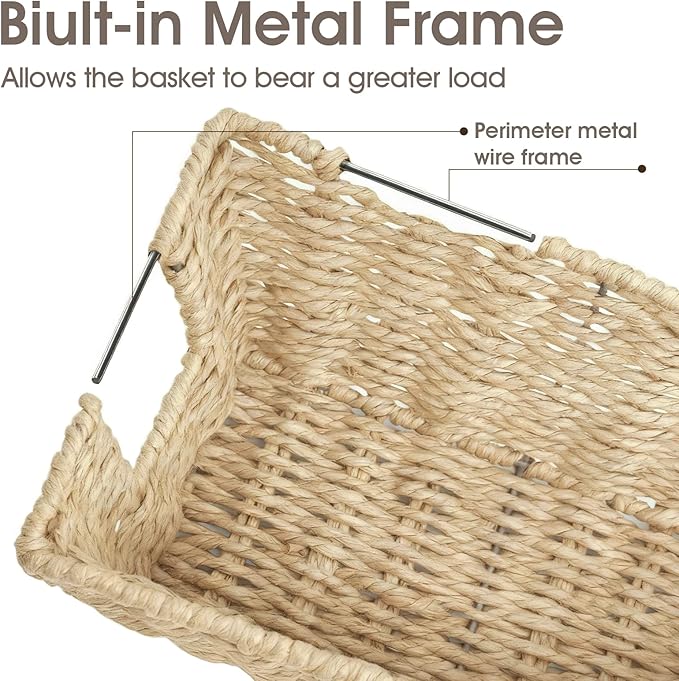 Paper Rope Storage Baskets for Shelves Organizing, Small Hand Woven Wicker Organizer Basket with Handle for Bathroom Toilet Paper Storage, Beige, 3-Pack