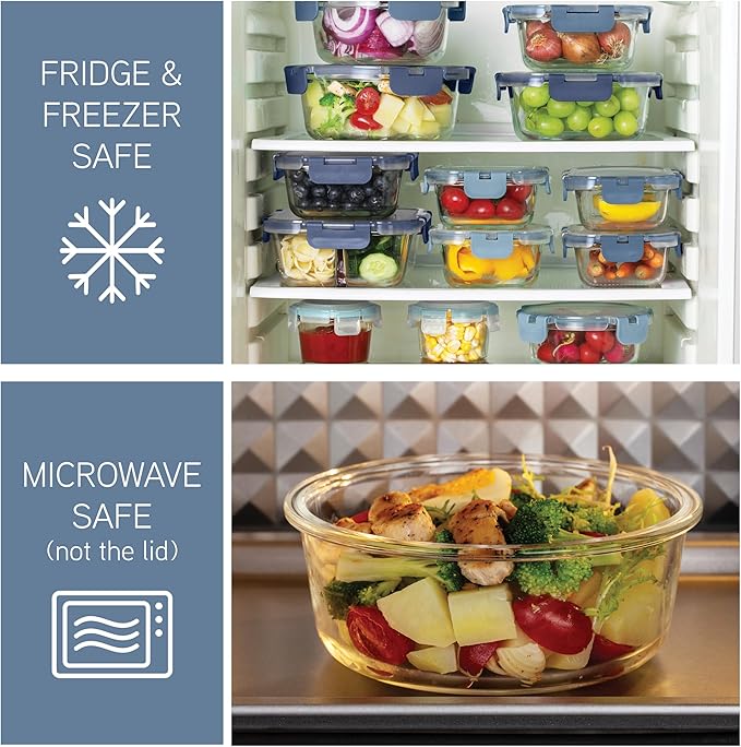 COOK WITH COLOR Premium 32-Pc. Borosilicate Glass Food Container Set with Dividers - 4 Rectangles, 8 Rounds, 4 Squares - Leakproof Lids - Meal Prep, Storage, Blue