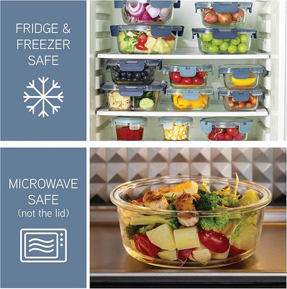COOK WITH COLOR Premium 32-Pc. Borosilicate Glass Food Container Set with Dividers - 4 Rectangles, 8 Rounds, 4 Squares - Leakproof Lids - Meal Prep, Storage, Blue