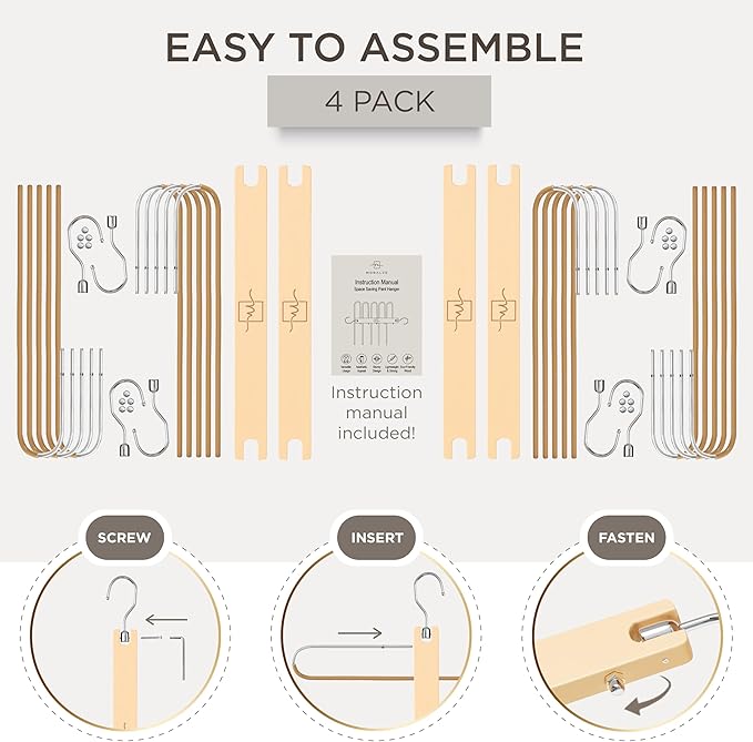 MORALVE Pants Hangers Space Saving - 4 Pack European Beechwood Scarf and Jean Hangers - Closet Organizer and Space Saver Pant Rack, Leggings Hanger, and Scarf Holder with 360° Swivel Hook