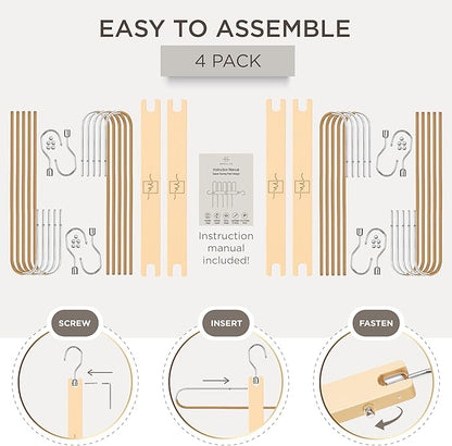 MORALVE Pants Hangers Space Saving - 4 Pack European Beechwood Scarf and Jean Hangers - Closet Organizer and Space Saver Pant Rack, Leggings Hanger, and Scarf Holder with 360° Swivel Hook