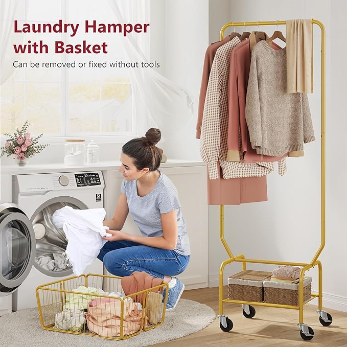 Tajsoon Laundry Cart with Wheels, Metal Rolling Laundry Hamper with Hanging Rack, Storage Basket and Shelf, Gold