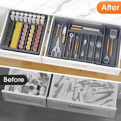 SpaceHacks Silverware Organizer，Adjustable & Expandable Utensil Drawer Organizer, BPA Free Utensil Holder, Cutlery Tray for Forks, Spoons, Knives in Kitchen, Large, Grey