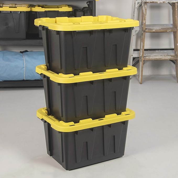 CX BLACK & YELLOW 12-Gallon Heavy Duty Storage Bins with Lids, Stackable Plastic Storage Bins with Weather-Resistant Design, Home Organization, 4 Pack (12.51H x 16.3W x 21.8D)