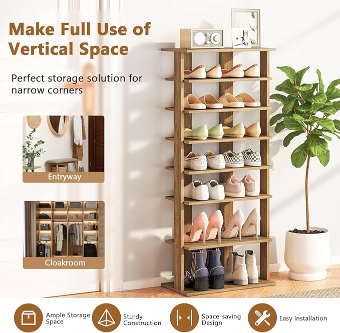 Giantex 8-Tier Wooden Shoe Rack, Patented Double Row Shoe Organizer for 16 Pairs, Customizable Height, Space-Saving Shoe Storage Stand for Entryway, Hallway, Living Room, Bedroom, Natural