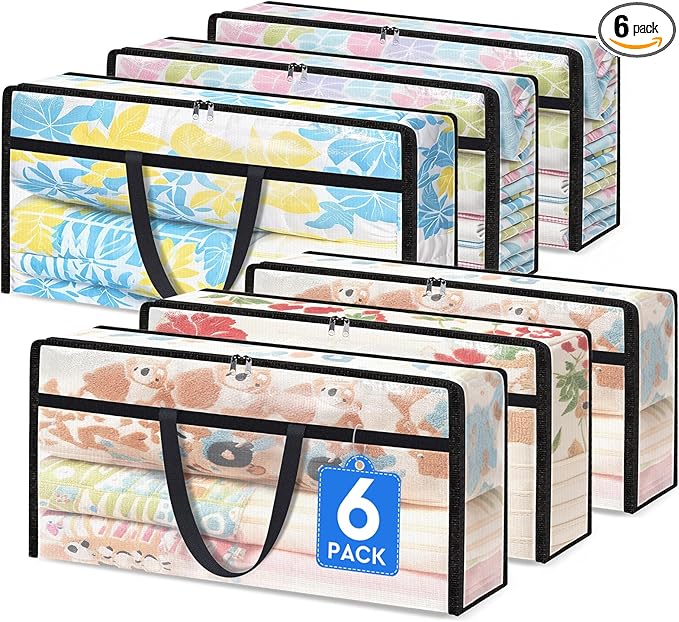 TasticTotes 6 Pack Long Clear Storage Bags for Comforter, Clothes & Bedding, Plastic Blanket Storage with Zipper and Handle, Moving Bags, Closet Organizer and Under-Bed Storage (90L, 39.4"*7.1"*19.7")