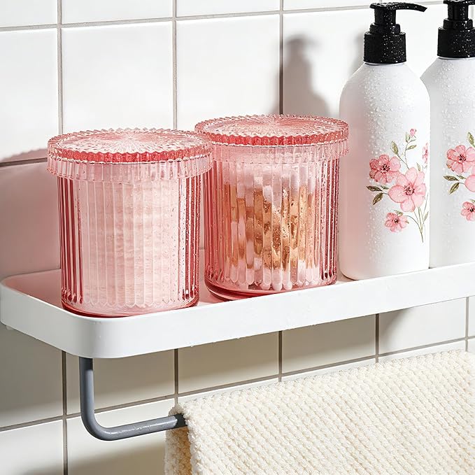 2 Pack Glass Qtip Holder Dispenser Set - Bathroom Organizer for Cotton Swabs, Balls, Pads, Floss Picks - Clear Apothecary Jars for Vanity, Makeup Storage, Bathroom Accessories Decor (Pink)