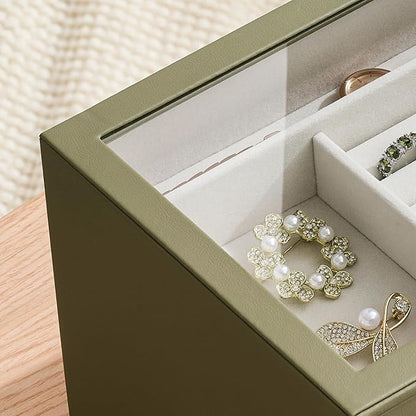 Jewelry Box Organizer Case for Women: 4-Layer Jewelry Storage Case with Glass Window, Olive Green Leather with Cream Velvet, Holder for Ring Necklace Bracelet Brooch Watch, Great Gift for Her
