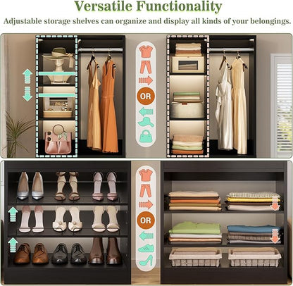 Besiost Closet System, 4.2–8.8 FT Closet Organizer with 2 Wooden Drawers and Shelves, Walk-in Closet System with 5 Hang Rods, Built-in Closet Tower, Can Fit 60 to 96 inch, Black