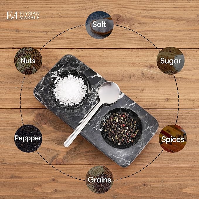 Marble Salt and Pepper Dish with Spoon, Handcrafted Double Spice Tray with 2 Compartments, Natural Stone Condiment Dish for Cooking Prep and Serving - Black
