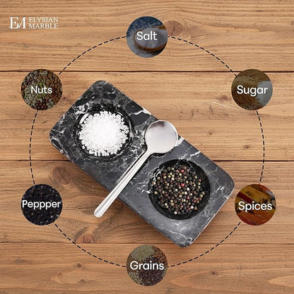 Marble Salt and Pepper Dish with Spoon, Handcrafted Double Spice Tray with 2 Compartments, Natural Stone Condiment Dish for Cooking Prep and Serving - Black