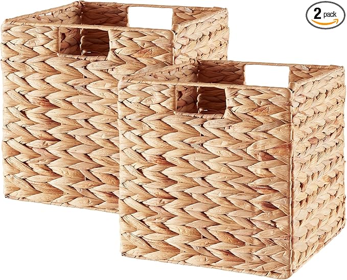 Vagusicc Wicker Storage Basket, Set of 2 Water Hyacinth Storage Baskets for Organizing, 11x11x11 Storage Cube Bins, Wicker Storage Cubes, Natural Foldable Square Baskets for Shelf Laundry Organizer
