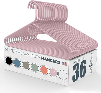 Super Heavy Duty Clothes Hangers 36 Pack – Made in the USA - 10lb Capacity, Thick Plastic Hangers for Pants, Coats, Jackets, Jeans and Adult Clothing – Pink