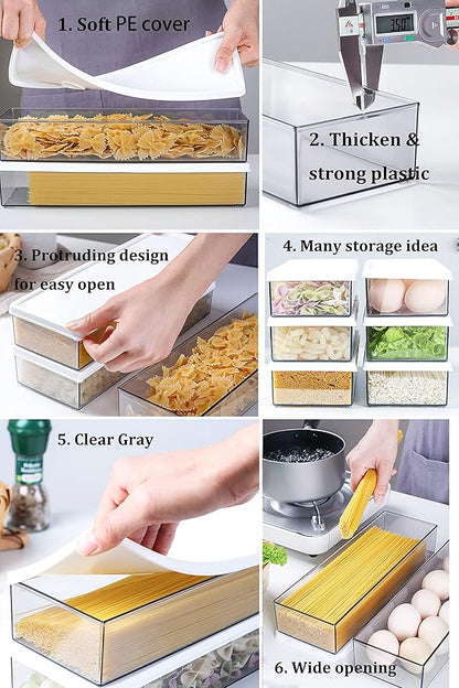 Hanobe Pasta Containers for Pantry Large Spaghetti & Noodle & Lasagna Canister 4 Pcs Clear Grey Rectangular Canister with Lock Lids Durable Plastic Food Keeper for Fridge Kitchen Cabinet