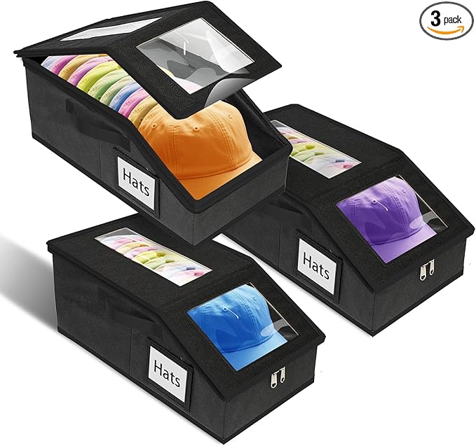 Stackable Hat Storage for Baseball Caps, 3 PCS Hat Storage Boxes for Closet, Holds up to 45 Caps with Cardboard, Hat Organizer for Women & Men(Two Clear Window)（Black）