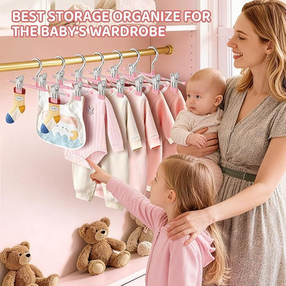 HUADYMEET 30 Pack Baby Pants Skirt Hangers,Non-Slip Space Saving Clothes Hangers with Clips for Kids,Children,Toddler,Jeans Trousers Shorts Metal Hanger for Closet Organization,Women,Men,10inch(Pink)