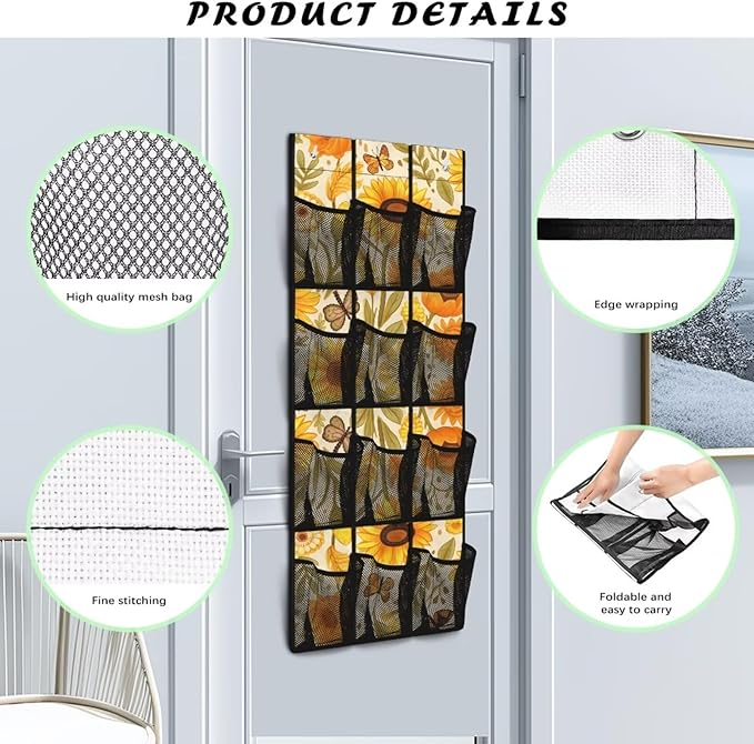 Sunflower Over Door Organizer Foldable Hanging Shoe Rack for Closet Door Hanging Storage Bag with Pockets Lightweight Hanging Shoe Organizer for Small Spaces Apartment