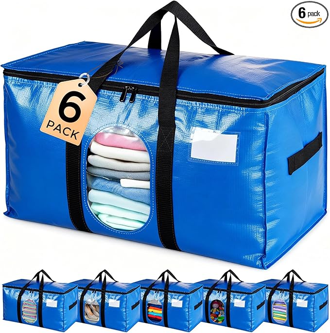 6 Pack Extra Large Moving Bags, Heavy Duty PE Woven Storage Totes with Visible Window & Wrap Around Handles, Reusable Space-Saving Alternative for Home Relocation & Storage