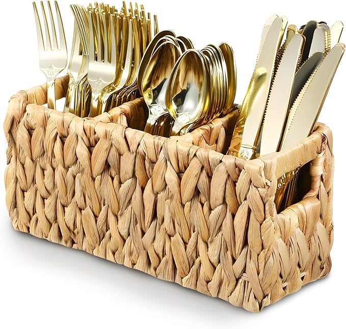 Wicker Party Silverware Caddy Water Hyacinth Plastic Kitchen Cutlery Utensil Holder Hand Woven Spoon Forks Knives Organizer Basket with Handles for Table Countertop Picnic flatware Storage