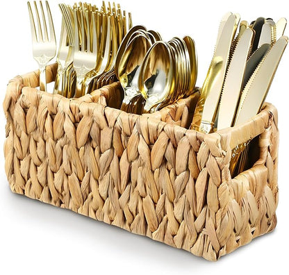 Wicker Party Silverware Caddy Water Hyacinth Plastic Kitchen Cutlery Utensil Holder Hand Woven Spoon Forks Knives Organizer Basket with Handles for Table Countertop Picnic flatware Storage