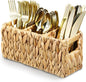 Wicker Party Silverware Caddy Water Hyacinth Plastic Kitchen Cutlery Utensil Holder Hand Woven Spoon Forks Knives Organizer Basket with Handles for Table Countertop Picnic flatware Storage