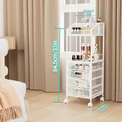 HapiRm Makeup Organizer Storage Cart - Floor Skincare Make Up Storage with 4 Drawers, Rolling Makeup Cart Vanity Organizer Cosmetics Display Cases Holder for Skin Care Perfume Nail Polish