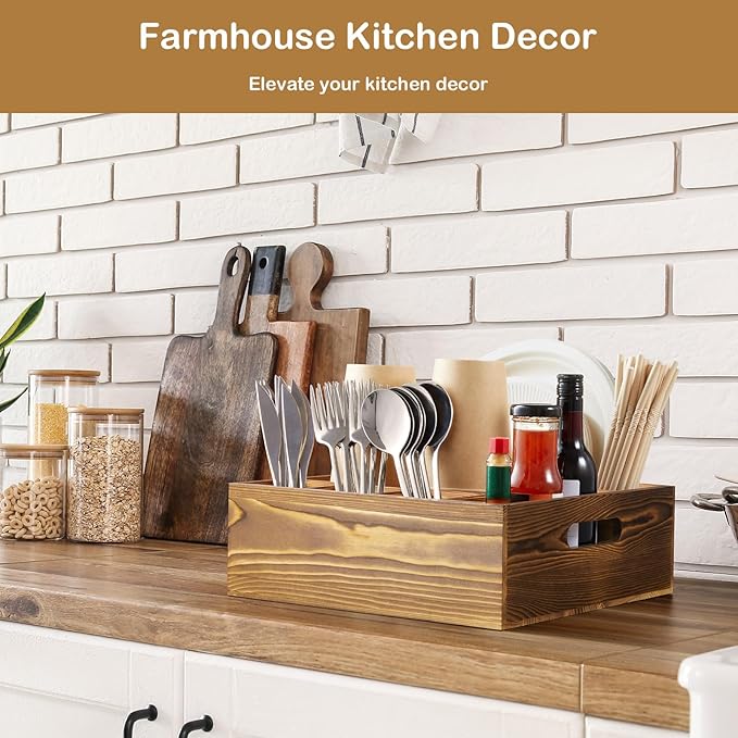 Wood Utensil Holder for Party, 6-Compartment Paper Plate Organizer with Handles, Wooden Silverware Caddy for Picnic, Camping, BBQ, Buffet, and Kitchen Countertop Organization, Brown