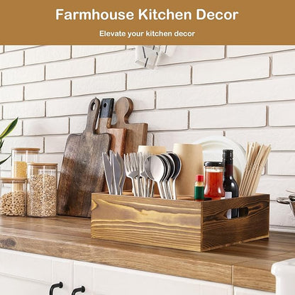 Wood Utensil Holder for Party, 6-Compartment Paper Plate Organizer with Handles, Wooden Silverware Caddy for Picnic, Camping, BBQ, Buffet, and Kitchen Countertop Organization, Brown