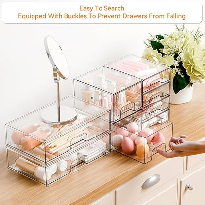 Yieach 8 Pack Clear Stackable Storage Drawers,Acrylic Drawer Organizer for Medicine,Palettes,Hair Accessories and Makeup Organizer,Plastic Drawers for Cabinet,Office,Desk,Bathroom Storage Containers