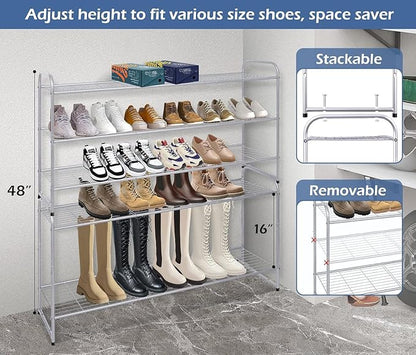 KEETDY 3-Tier Long Shoe Rack for Closet Metal Shoe Organizer for Entryway, Wide Stackable Shoe Storage Shelf with Sturdy Wire Grid for Closet Floor, Bedroom, Grey