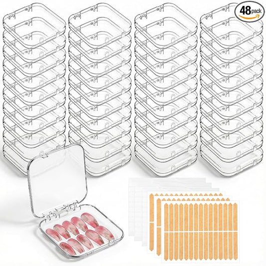 48 Pack Press On Nail Storage Box Clear Acrylic Nail Organizer Display Case with 180 Adhesive Double Sided Tape for Fake Nails, Nails Packaging Supplies