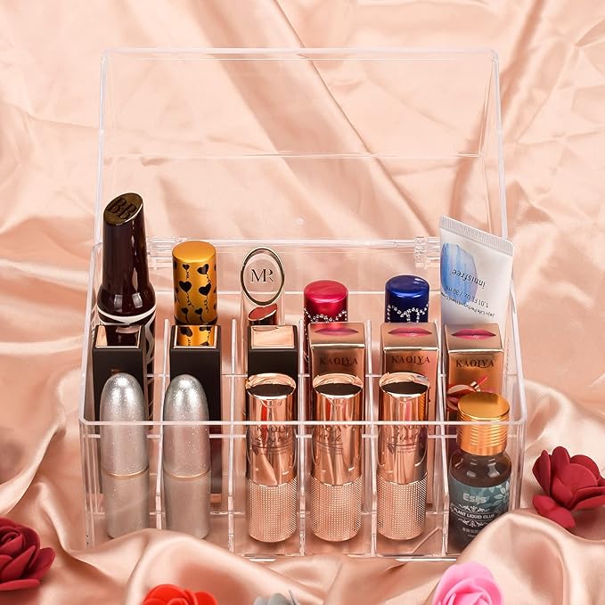 ATOMUS Lipstick Holder Display Case, 18 Slots Lipstick Organizer Storage with Dust Cover Transparent Acrylic Cosmetic Makeup Lipgloss Rack Holder