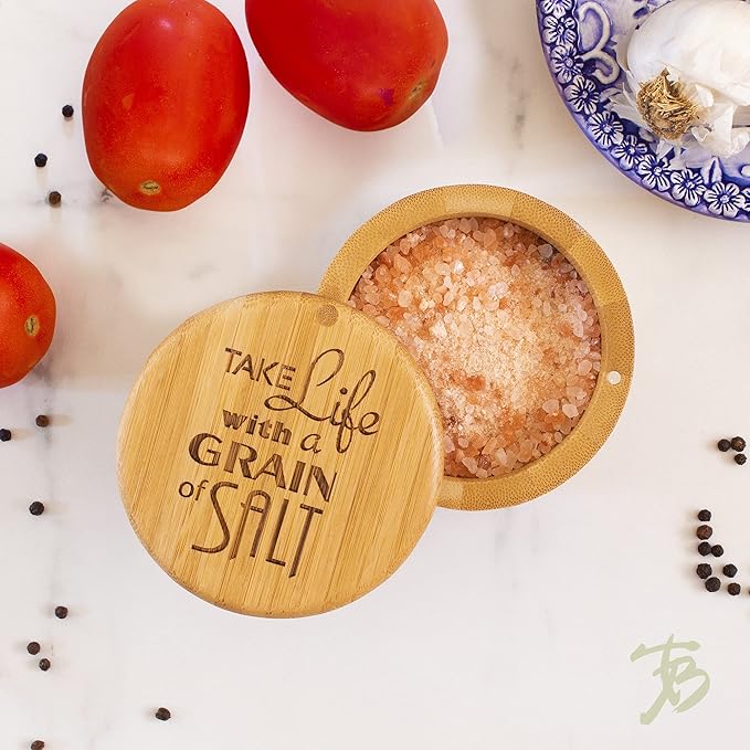 Totally Bamboo Salt Cellar Bamboo Storage Box with Magnetic Swivel Lid, 6 Ounce Capacity, "Take Life with a Grain of Salt" Engraved on Lid