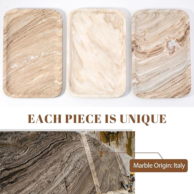 Koville Marble Tray, 12"x8" Natural Marble Vanity Tray for Countertop Bathroom Kitchen Dresser, Decorative Catchall Trays for Perfume Jewelry, Rectangular Stone Serving Tray（Palissandro）
