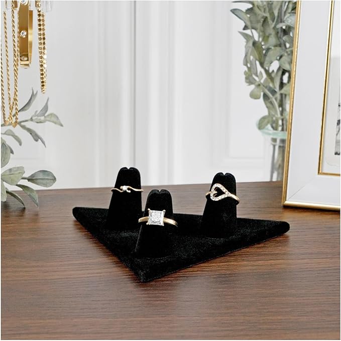 Plymor Black Velvet Ring Finger Display, Three on Triangular Base, 5" W x 3.25" D x 1.625" H