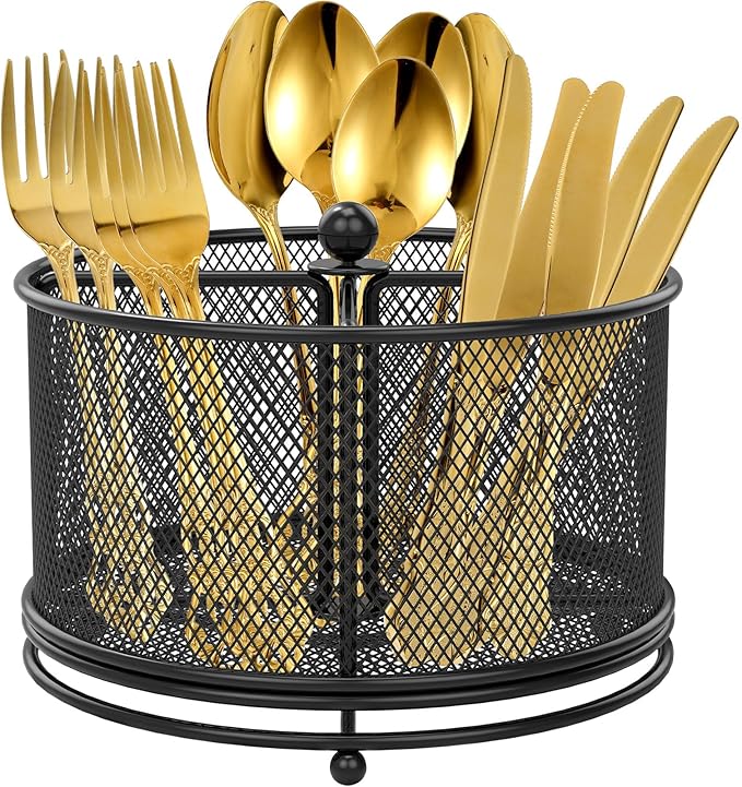 US 360°Rotating Utensil Caddy Kitchen Utensil Holder 6.7×6.7×5.1 Inch Metal Utensil Organizer 4-Compartment Metal Utensil Caddy Rotatable Cutlery Holder Multifunctional Flatware Organizer for Home