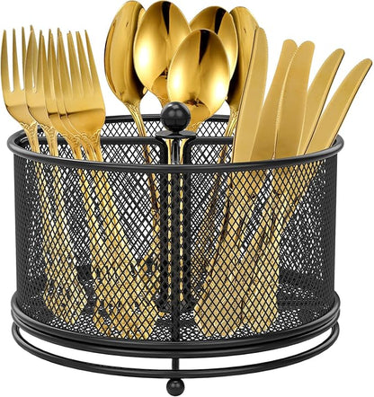 US 360°Rotating Utensil Caddy Kitchen Utensil Holder 6.7×6.7×5.1 Inch Metal Utensil Organizer 4-Compartment Metal Utensil Caddy Rotatable Cutlery Holder Multifunctional Flatware Organizer for Home