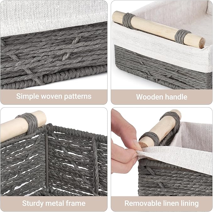 Mkono Woven Storage Basket Wicker Baskets for Organizing Toilet Paper, Decorative Bins with Handle for Toilet Tank Top Countertop Shelves, Decor for Bedroom Living Room Apartment, Set of 2, Grey
