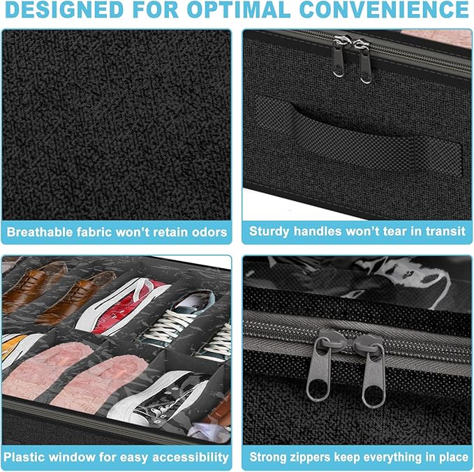 Under Bed Shoe Storage Organizer for Closet, 32 Pairs Sturdy Underbed Shoe Storage Boxes Bins Container Foldable Shoes Storage with Reinforced Handles & Clear Window for College Dorms Black, Set of 2