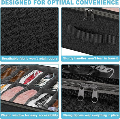 Under Bed Shoe Storage Organizer for Closet, 32 Pairs Sturdy Underbed Shoe Storage Boxes Bins Container Foldable Shoes Storage with Reinforced Handles & Clear Window for College Dorms Black, Set of 2