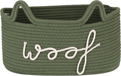 Sea Team Dog Toy Basket with Handles, 16.5 x 11 x 7 Inches, 4.4 Gallons Large Cotton Rope Storage Bin, Box, Shelf Organizer for Pet Chew Toys, Foods, Green Woof