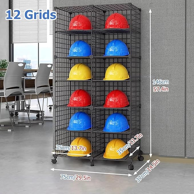 Stackable Safety Helmet Storage Boxes, Large Adjustable Hard Hat Placement Organizer Rack with Wheels for Construction Site/Garage/Workshop/Factory Helmet Display Shelf (2 * 6)