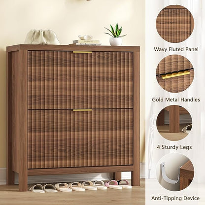 YOMILUVE Shoe Cabinet Storage for Entryway, Fluted Shoe Cabinet with 2 Flip Drawers, Hidden Shoe Rack Tall Freestanding Shoe Organizer with Legs for Hallway, Walnut